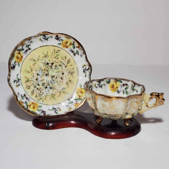 Napco Small Cup and Saucer Yellow Roses Hand Painted Opalescent Vintage - Picture 10 of 10